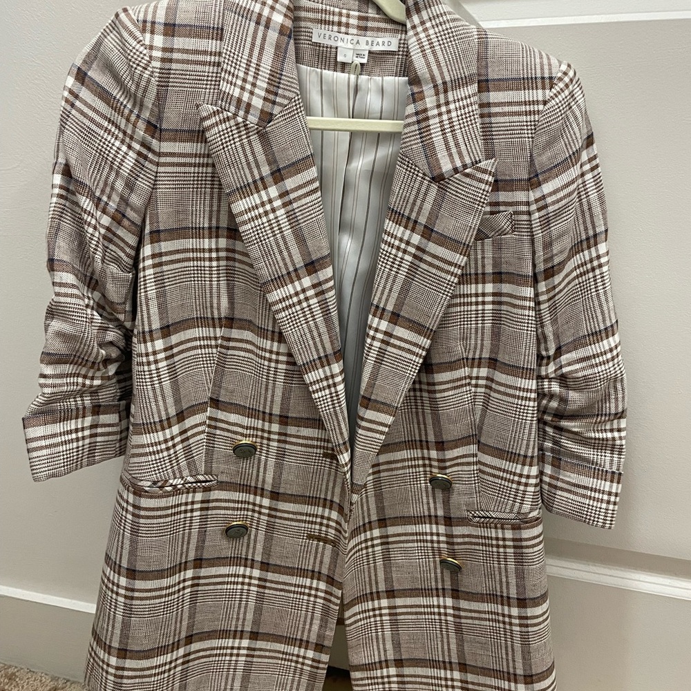 Veronica Beard Brown and Beige Plaid Double-Breasted Blazer